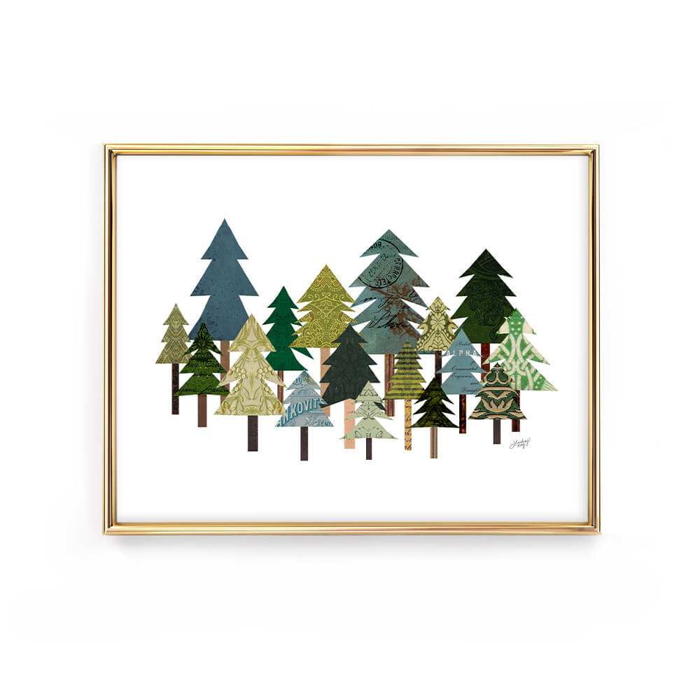 Mixed media collage art print featuring woodland trees in earthy tones. Perfect for rustic cabins, mountain homes, or boho nature-inspired spaces. Handcrafted with vintage paper textures and artistic detail by Lindsey Kay Collective, a female-owned small business in Denver, Colorado.